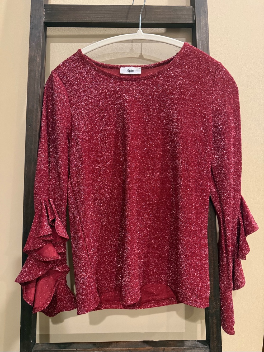 Spin Metallic Burgundy Ruffle Sleeve Blouse